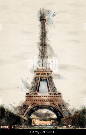 La Tour Eiffel à Paris, exprimée en aquarelles. Banque D'Images