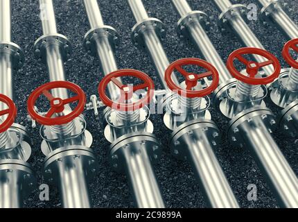 Vannes de conduite de gaz ou d'huile. Extraction, production et transport de pétrole et de gaz de fond industriel. rendu 3d Banque D'Images