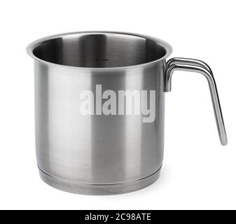 Pichet de chaudière à lait en acier inoxydable isolé sur blanc Banque D'Images