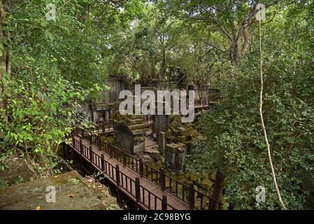 Pont pédestre en bois menant à travers les ruines du complexe du temple de Beng Mealea, Cambodge Banque D'Images