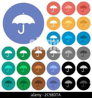 Icônes plates multicolores de parapluie sur fond rond. Inclus des variantes d'icônes blanches, claires et sombres pour les effets de survol et de statut actif, et bonus Illustration de Vecteur