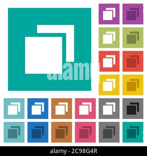 Chevauchement d'éléments icônes plates multicolores sur des fonds carrés simples. Inclut des variantes d'icône blanche et foncée pour les effets de survol ou actifs. Illustration de Vecteur