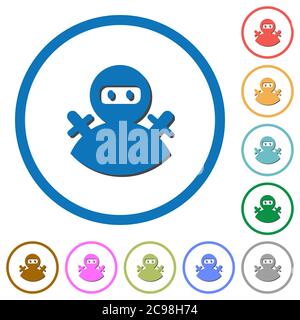 Icônes vectorielles couleur plates de l'avatar Ninja avec des ombres dans des contours ronds sur fond blanc Illustration de Vecteur