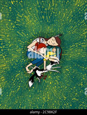 Mère et fille dormante couchée sur la prairie avec un chien, bordure noire et blanche collie. Banque D'Images
