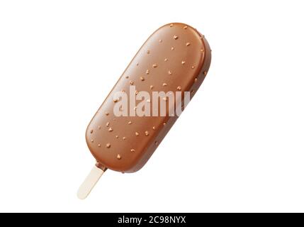 Crème glacée au chocolat noir, recouverte de noix sur fond blanc. Isolé. Doux pour l'été. Illustration 3D réaliste Banque D'Images