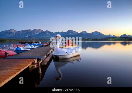 Vue sur le Hopfensee avec les montagnes Tannheim en arrière-plan, Allgäu, Schwaben, Bavière, Allemagne Banque D'Images