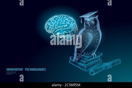 Hibou oiseau symbole de l'éducation sage. Concept de distance d'apprentissage en ligne. Concept de programme de certificat d'études supérieures. Vecteur éducatif Internet 3D faible Illustration de Vecteur