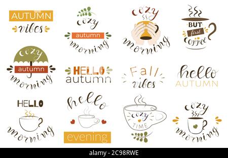 Jeu de 12 citations d'automne dessinées à la main. Phrases d'automne avec des éléments mignons . Illustration de Vecteur