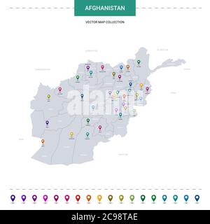 Carte de l'Afghanistan avec repères de localisation. Modèle vectoriel d'infographie, isolé sur fond blanc. Illustration de Vecteur