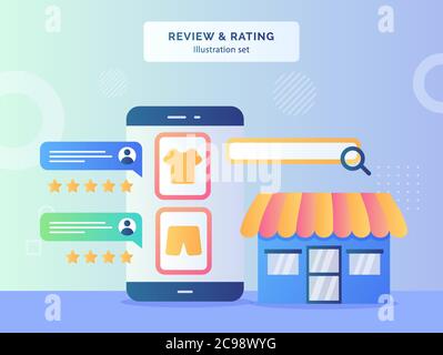 Avis évaluation concept feedback taux de commentaire du client sur l'affichage de vêtements smartphone arrière-plan de façade magasin avec style plat Illustration de Vecteur