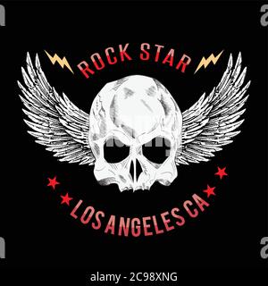 Motif vectoriel pour t-shirt de crâne avec ailes blanches et lettres rouges sur fond noir. Illustration de Vecteur