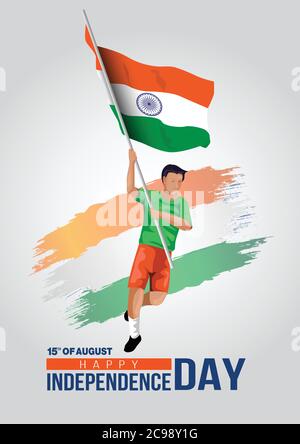 Happy Independence Day Inde. Illustration vectorielle de l'homme indien avec drapeau.poster, bannière, modèle de conception Illustration de Vecteur