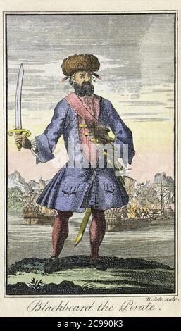 Edward Teach, vers 1680 - 1718. Pirate anglais connu sous le nom de Blackbeard. Après une gravure de Benjamin Cole du livre A General History of the Pyrates etc. Du capitaine Charles Johnson, publié en 1724 Banque D'Images