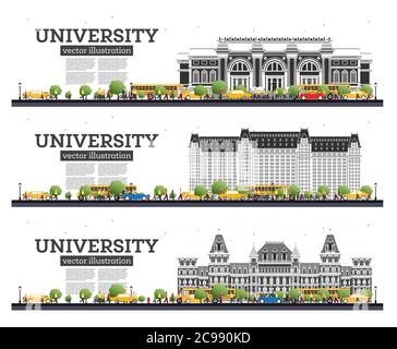 Ensemble campus universitaire. Bannières d'étude isolées sur blanc. Illustration vectorielle. Les étudiants vont au bâtiment principal de l'université. Horizon avec arbre vert. Illustration de Vecteur