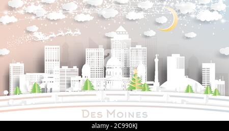 Des Moines Iowa USA City Skyline en style papier coupé avec flocons de neige, Lune et Neon Garland. Illustration vectorielle. Concept Noël et nouvel an. Illustration de Vecteur