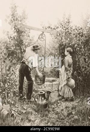 1890 photo d'une peinture de l'artiste américain Daniel Ridgway Knight avec la légende, au puits. Banque D'Images