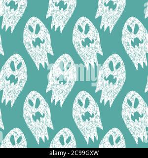 Dessin vectoriel vert et blanc mignon de lignes de dessins animés fantômes sans couture motif. Arrière-plan pour les affiches d'halloween, les cartes de vœux, les invitations, l'emballage Illustration de Vecteur