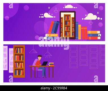 Bannière formation en ligne pour le site Web. Le gars est assis à un ordinateur portable et étudie sur le fond des étagères. Un téléphone portable avec une bibliothèque. Illustration vectorielle dans une conception moderne et plate. Illustration de Vecteur