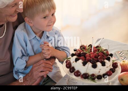 Petit garçon assis sur les genoux de sa grand-mère et bougie soufflant sur son gâteau d'anniversaire Banque D'Images