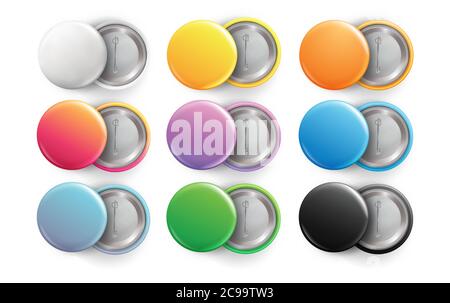 Ensemble de badges vierges. Vue avant et arrière du badge à bouton vide brillant et réaliste. Badges vectoriels multicolores isolés sur fond blanc. Illustration de Vecteur