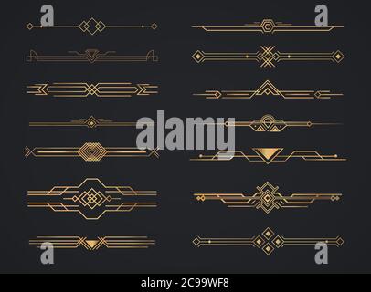 Affiches supérieures dorées art déco. Ensemble de vignettes de décoration de page calligraphique Art déco. Modèle de bordure Art déco dorée à motif vectoriel. Illustration de Vecteur