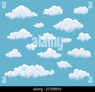 Ensemble de nuages de dessins animés. Nuage vectoriel isolé sur ciel bleu. Collection de nuages pour le site Web, l'affiche, l'écriteau et le papier peint. Illustration de Vecteur