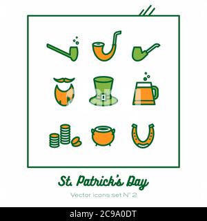 Ensemble d'icônes vectorielles Saint Patrick. Vert orange ligne art icônes plates pour logo, signe, boutons. St Patrick Day minimaliste Illustration de Vecteur