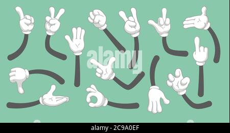 Mains de dessin animé avec gants. Bras de clipart vecteur dans différentes poses. Jeu de symboles d'illustration à vecteur isolé Illustration de Vecteur