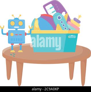 enfants jouets objet amusant table de dessin animé avec robot plan piano et illustration de vecteur de balle Illustration de Vecteur