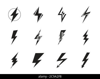 Ensemble de vecteurs d'éclairs. Panneaux de tension, d'électricité et de puissance ou tonnerre, flash lumineux, éclair électrique de puissance isolé sur fond blanc. . Illustration de Vecteur