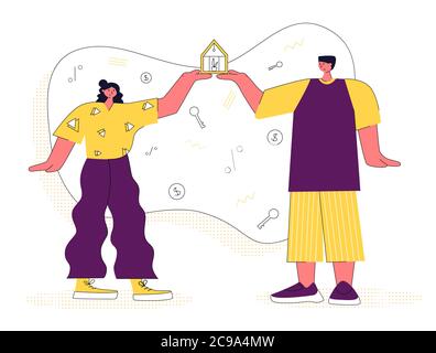 Illustration du vecteur hypothécaire. Appartement minuscule maison achat dette personnes concept. Acheter de l'immobilier et payer le crédit à la banque. Illustration de Vecteur