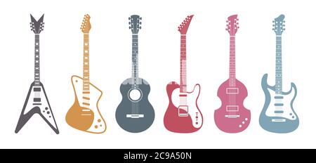 Guitares plates. Guitare acoustique, guitare électrique sur fond blanc. Ensemble art vectoriel élégant et isolé. Illustration de Vecteur