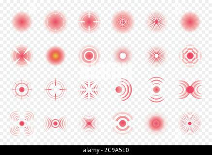 Corps taches douloureuses. Anneaux rouges de la douleur pour indiquer la localisation de la douleur dans différentes parties du corps humain telles que le dos, le cou, la tête, le dos Illustration de Vecteur