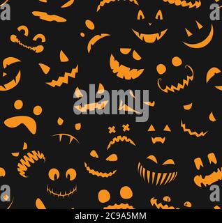 Motif Halloween sans couture. Fait face aux silhouettes sur fond noir. Design pour papier album, impression textile, papier peint. Illustration vectorielle. Illustration de Vecteur