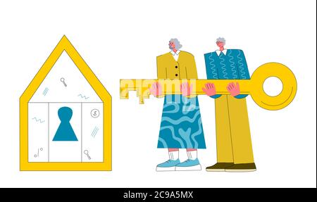 Illustration du vecteur hypothécaire. Appartement minuscule maison achat dette personnes concept. Acheter de l'immobilier et payer le crédit à la banque. Vieux couple Illustration de Vecteur