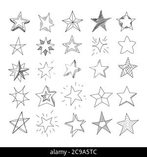 Étoiles dessinées à la main. Ensemble d'étoiles noires en forme de doodle sur fond blanc. Illustration vectorielle Illustration de Vecteur