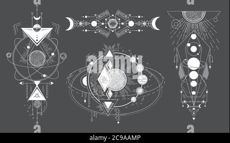 Tatouages de sujets de l'espace avec des systèmes étoiles. Ensemble vectoriel de tatouage magique abstrait géométrique sur fond noir. Illuminati ou tatoo masonique Illustration de Vecteur