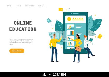 Formation en ligne. Le concept d'application pour l'éducation en ligne les gens lisent des livres sur le téléphone. Illustration de Vecteur