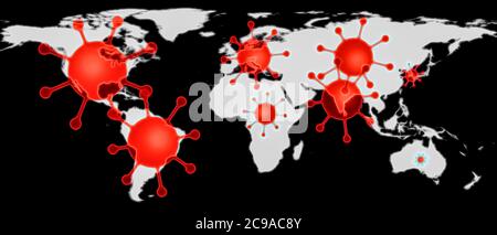 3D-Illustration d'une carte du monde montrant les points chauds du virus corona aux États-Unis, au Brésil, en Inde, en Europe et en russie avec un masque de protection médicale Banque D'Images