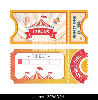 Billets pour le Cirque ou le parc d'attractions, bons imprimés avec images d'attractions du parc d'expositions plat. Billets avec tente de cirque et ballons à rubans rouges. Illustration de Vecteur