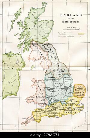 Une image gravée montrant une carte du 9ème siècle des royaumes de la Grande-Bretagne anglo-saxonne de l'âge sombre d'un livre victorien daté de 1882 qui n'est plus en co Banque D'Images