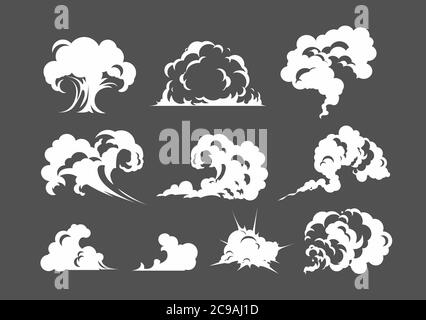 Nuage de fumée de dessin animé. Blanc fumée vapeur explosion poussière brouillard smog gaz souffle poussière jeu dessin animé, icône. Partie clipart isolée plate de brouillard pour la conception, les effets et Illustration de Vecteur