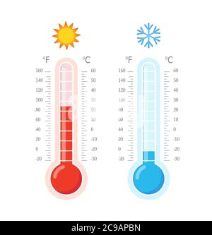 Thermomètres à chaud et à froid. Thermomètres bleus et rouges. Thermomètres météorologiques Celsius et fahrenheit mesurant la chaleur et le froid. Illustration vectorielle Illustration de Vecteur