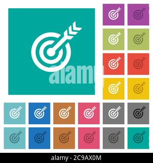 Tableau cible avec des icônes plates de plusieurs couleurs et des flèches sur des fonds carrés simples. Inclut des variantes d'icône blanche et foncée pour les effets de survol ou actifs. Illustration de Vecteur