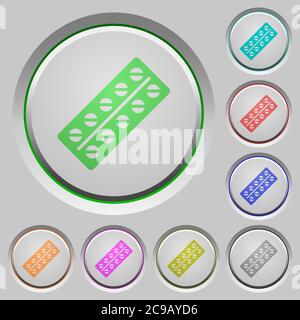 Lot de pilules dans blister icônes de couleur sur les boutons-poussoirs coulés Illustration de Vecteur