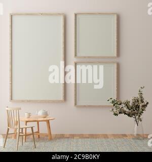 trois maquettes verticales blanches, cadre en bois et chaises sur un mur jaune, illustration 3d Banque D'Images