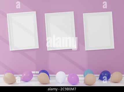 Trois maquettes verticales blanches, cadre doré sur mur rose, illustration 3d Banque D'Images