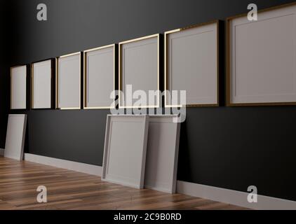 Six maquettes verticales blanches, cadre doré sur mur noir, illustration 3d Banque D'Images