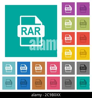 Format de fichier RAR icônes plates multicolores sur arrière-plans carrés simples. Inclut des variantes d'icône blanche et foncée pour les effets de survol ou actifs. Illustration de Vecteur