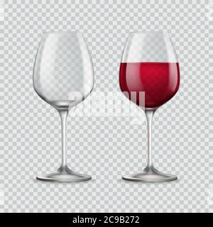 Verre à vin. Deux verres vides et avec vin rouge isolé sur fond transparent. Illustration vectorielle Illustration de Vecteur